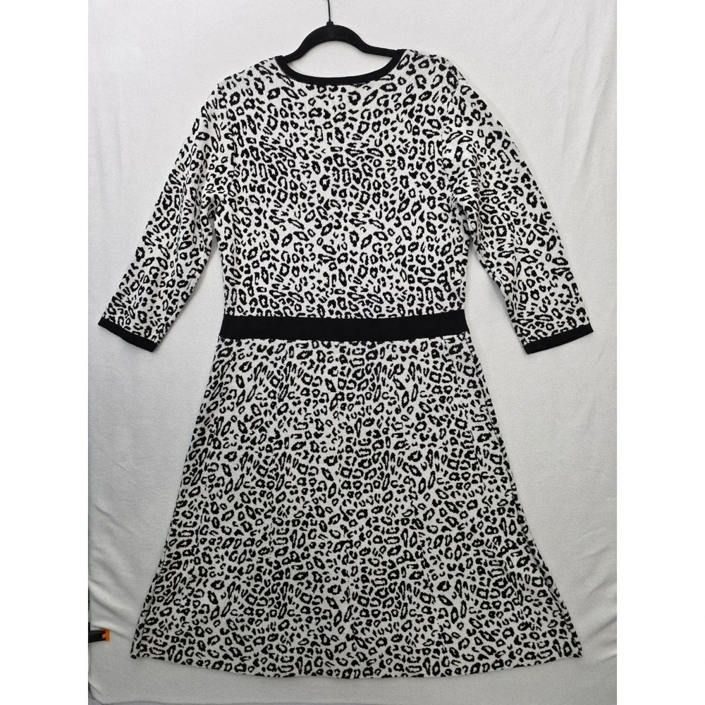 Nina Leonard Leopard Print A-Line Dress L Black White Rayon Knit Animal Print